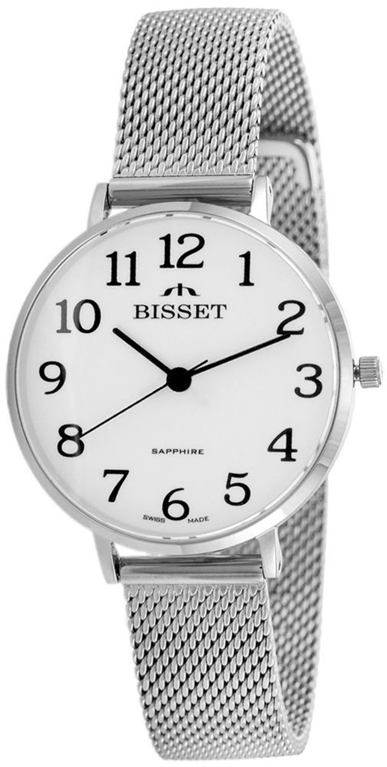 Bisset BIS116 BSBF32 – elegancki szwajcarski zegarek klasyczny z białą tarczą, szafirowym szkłem i srebrną bransoletą. Idealny do codziennego noszenia.1.jpg